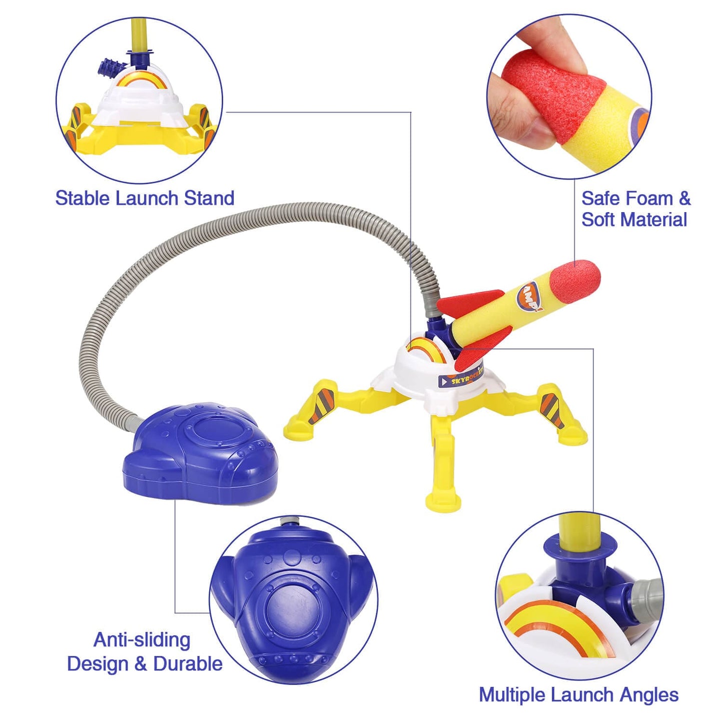 gleamkid rocket launcher features: stable tripod stand, safe soft foam rocket tip, durable anti slide air pump, adjustable angles.