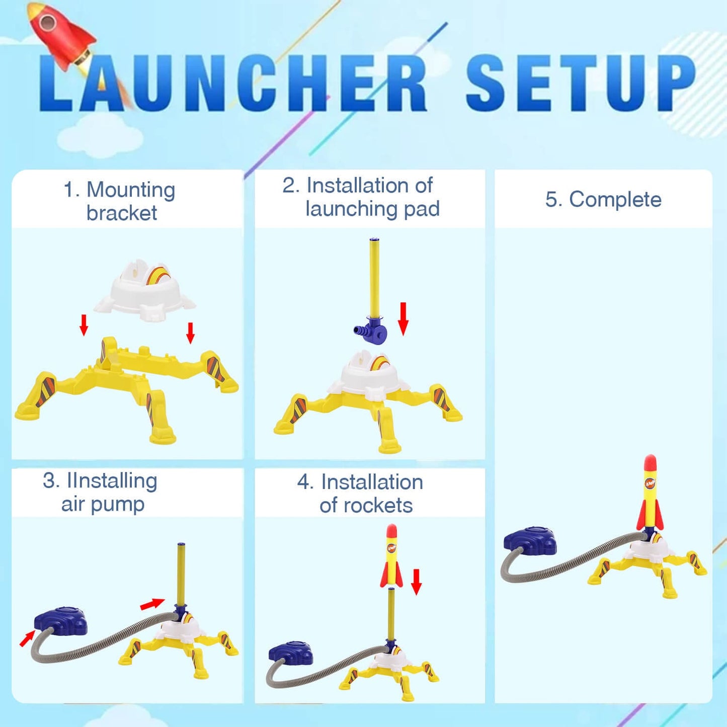 Simple 5 step visual guide for easy, tool free assembly of the gleamkid toy rocket launcher set for quick outdoor play.