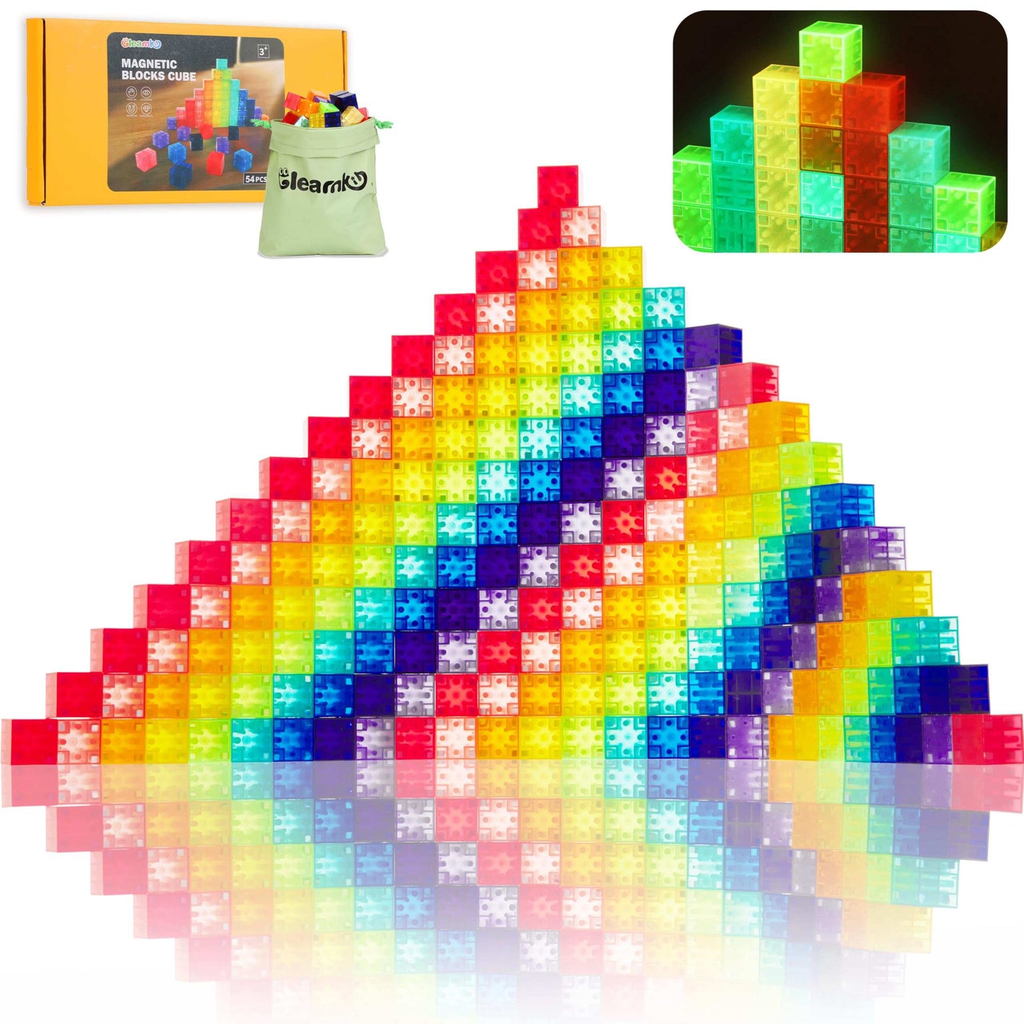 54PCS Magnetic Blocks Set, Glow in The Dark Children Construction Kit, STEM Construction Stacking Toy, Multi-Color Rainbow Stacking Blocks, Ideal Present Gift for Kids 3+ Boys and Girls