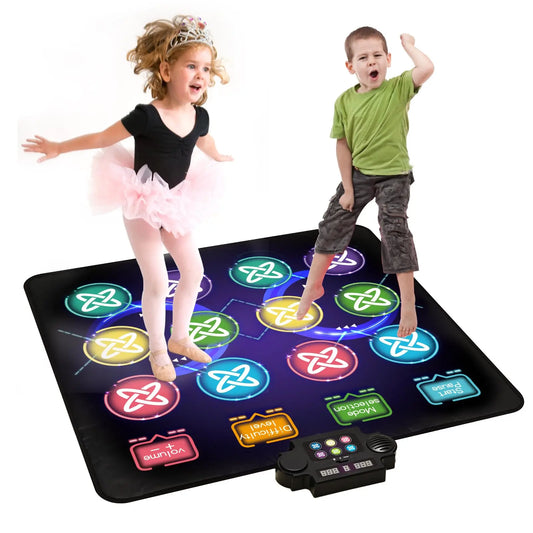 Children playing on a colorful dance mat with LED lights