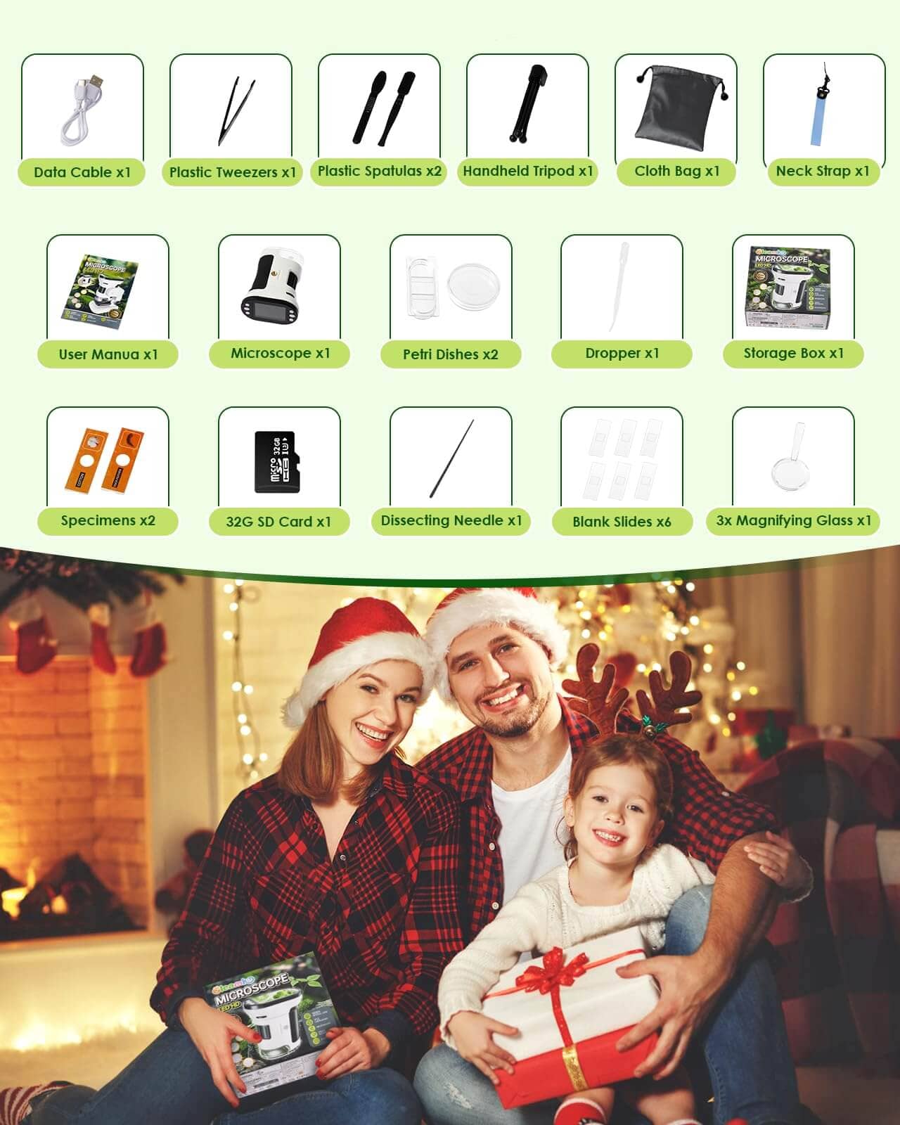 STEM science kit for kids with microscope, 32GB SD card, tweezers, petri dishes, and slides for hands-on learning