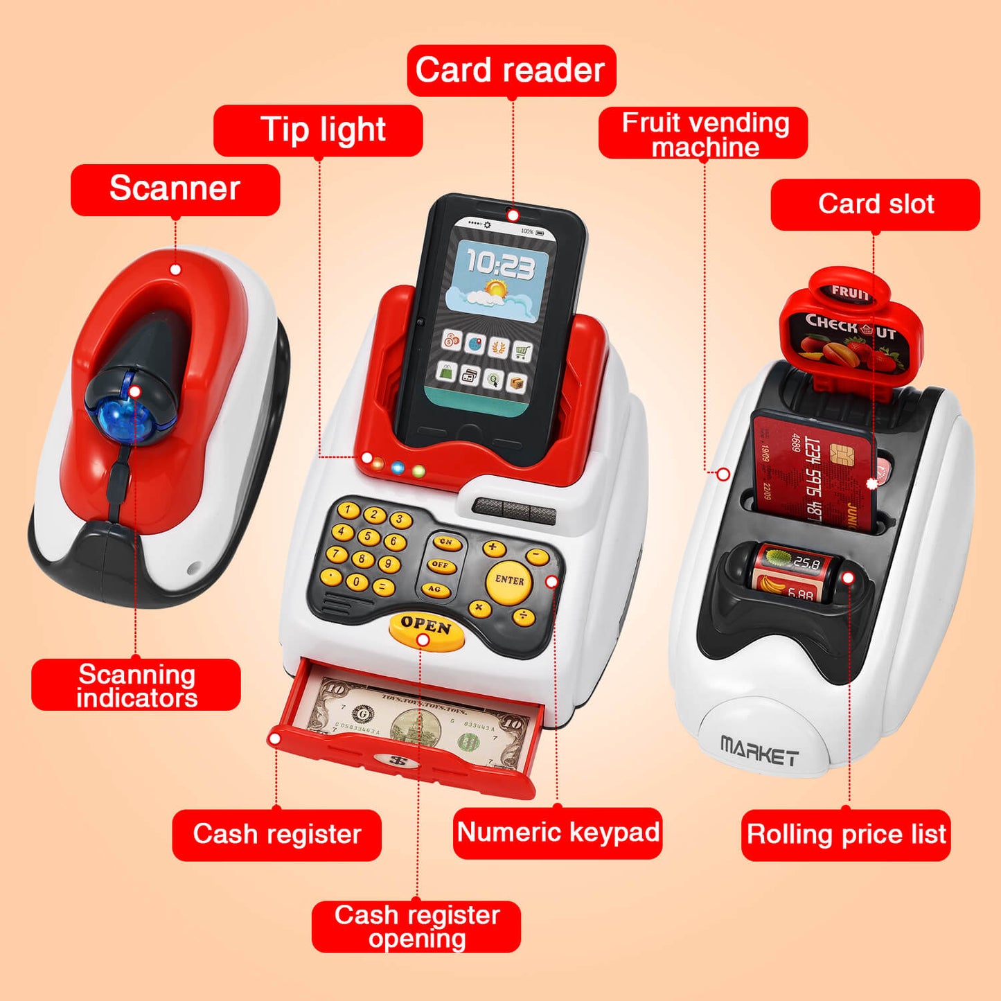 kids cash register with scanner, card reader, cash register