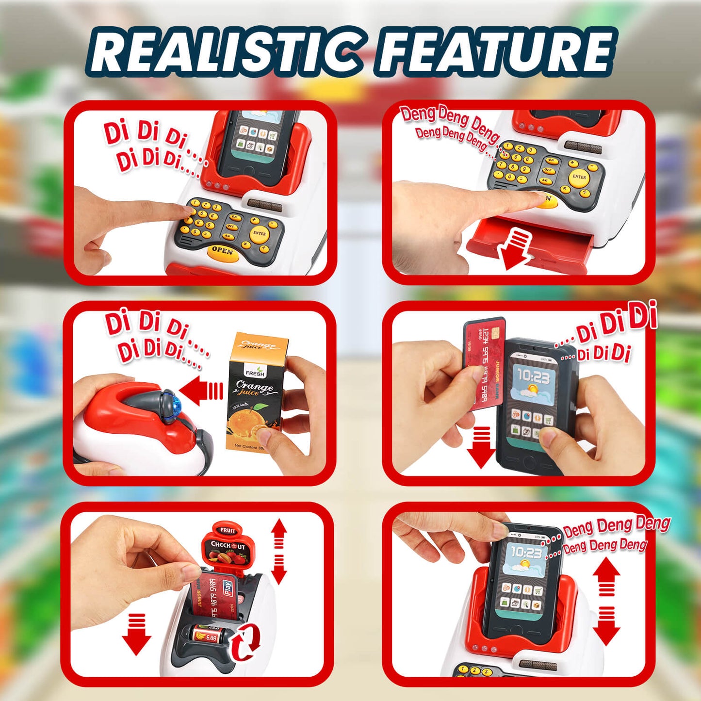 kids cash register toys showcasing realistic features with sound effects like "Di Di Di" and "Deng Deng Deng".