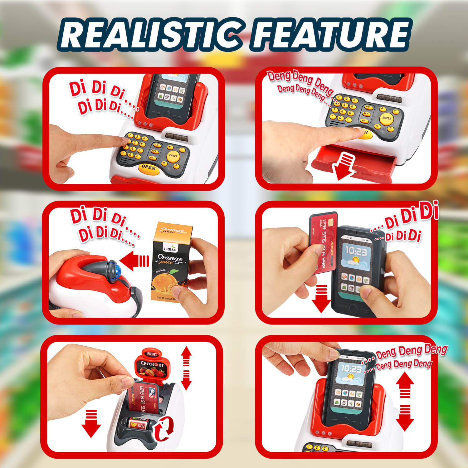 kids cash register toys showcasing realistic features with sound effects like "Di Di Di" and "Deng Deng Deng".