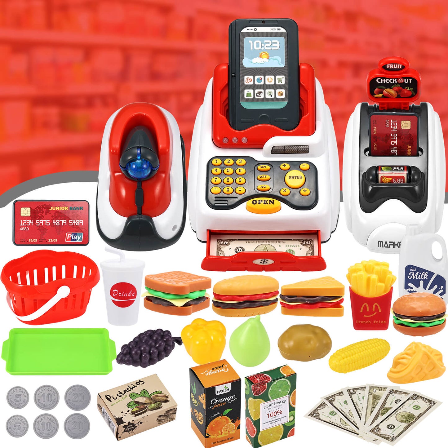 Anpro kids cashier playset with cash register, scanner, play food (burgers, fruits, etc.), money, and accessories for pretend play.