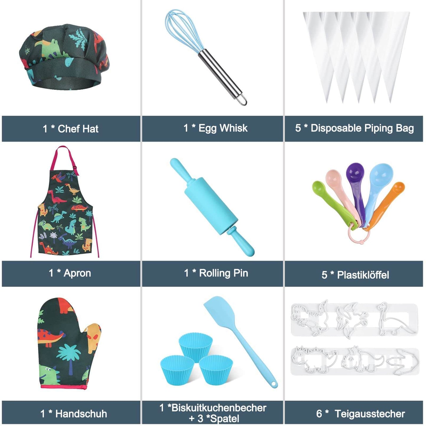 Item list of kids cooking set. Each component like chef hat, apron, and utensils clearly listed.