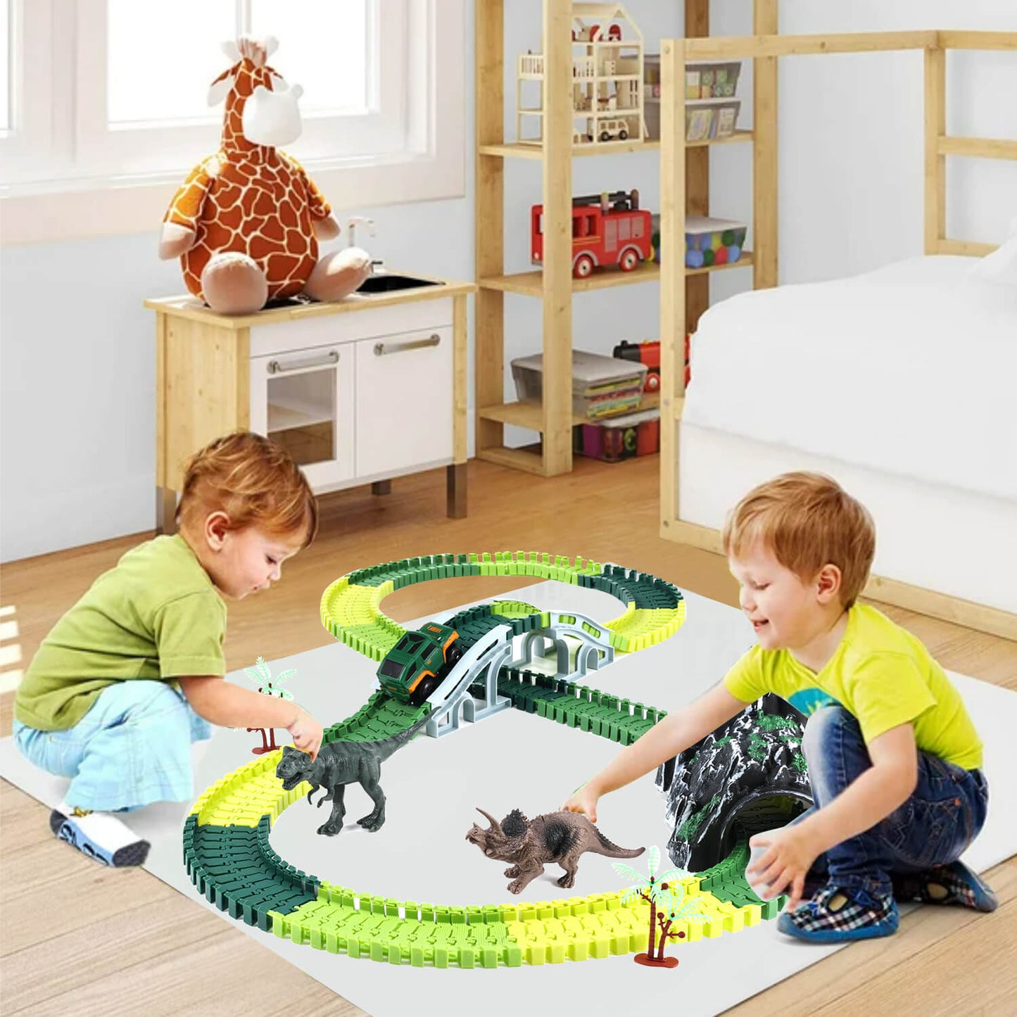 Kids cooperatively playing with dinosaur race track set