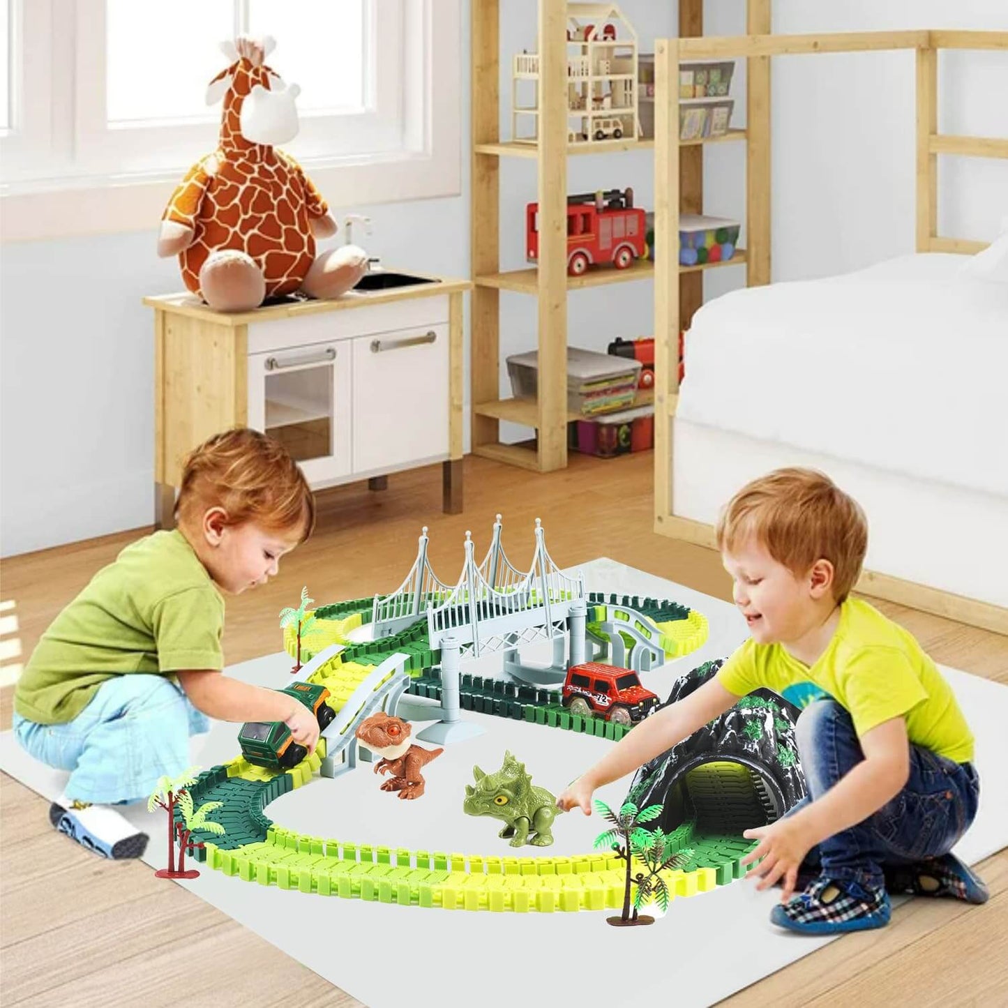 Kids collaborating with Anpro dinosaur race track set. Encourages social interaction and teamwork during play.