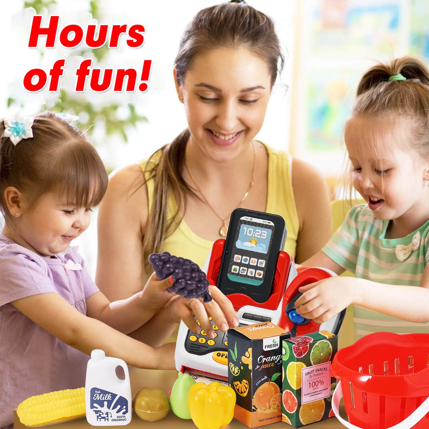 Kids having fun with gleamkid cash register toys, engaging in pretend shopping with a variety of play food items.