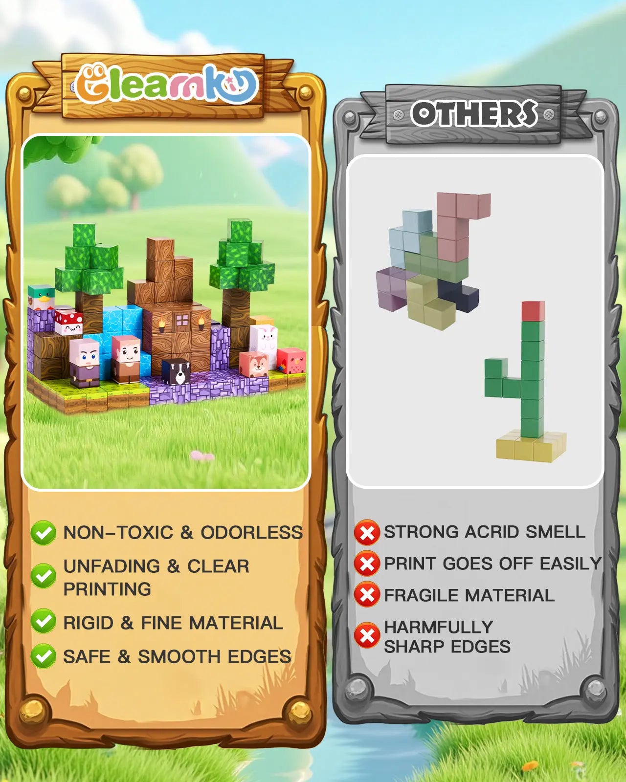 Comparison of Gleamko magnetic building blocks (non - toxic, smooth edges) vs others.
