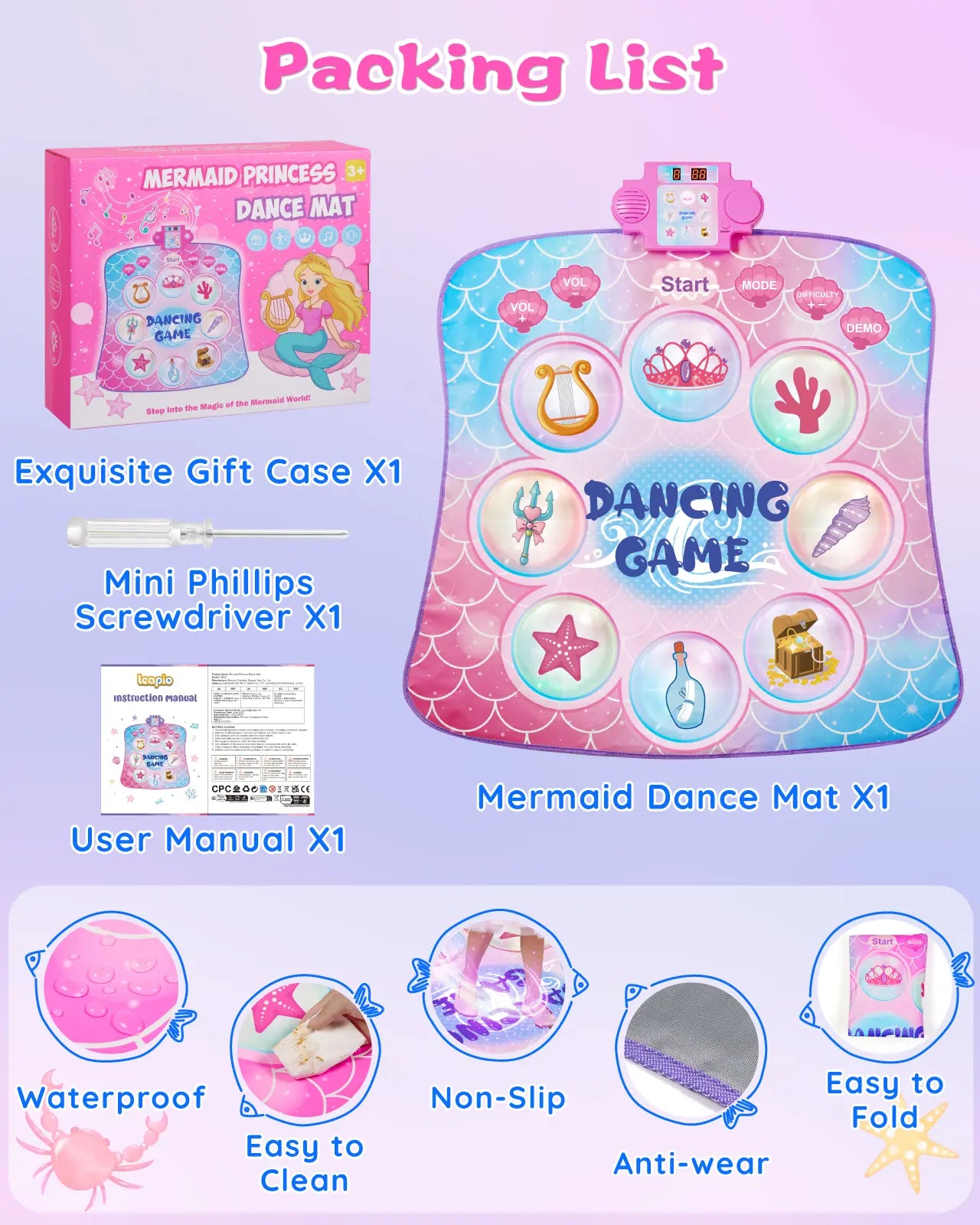 Packing list for the mermaid dance mat: includes gift box, manual, and mat. Highlights features like non-slip and waterproof.