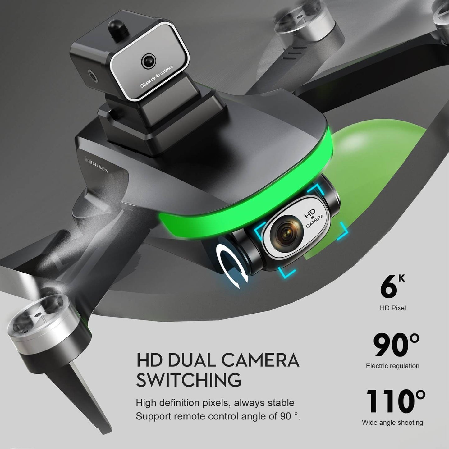 Mini S5S drone showcasing its HD dual camera. Offers 6K HD pixels, 90° electric regulation, and 110° wide angle shooting for great aerial footage.