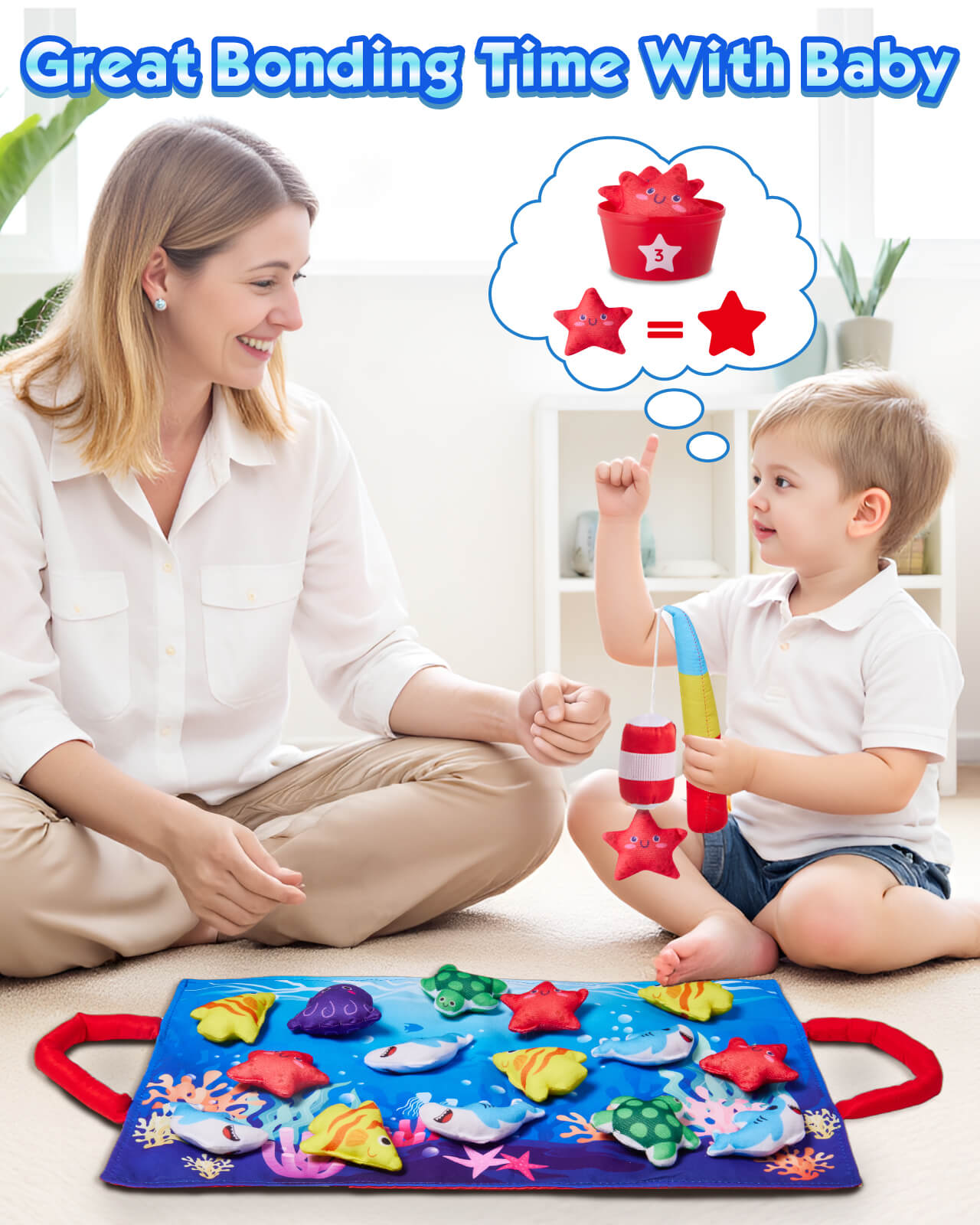 Mom and baby having great bonding time with Montessori fishing toy