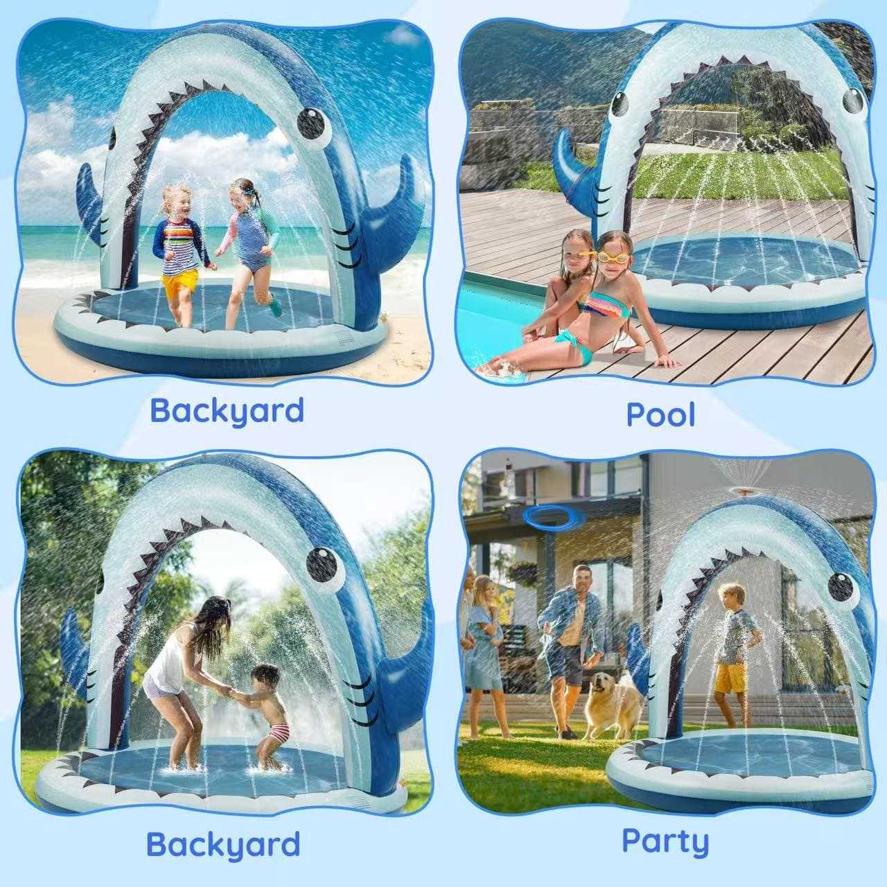 Giant shark sprinkler for kids used in backyard, pool, and party scenes, ideal for outdoor summer play.