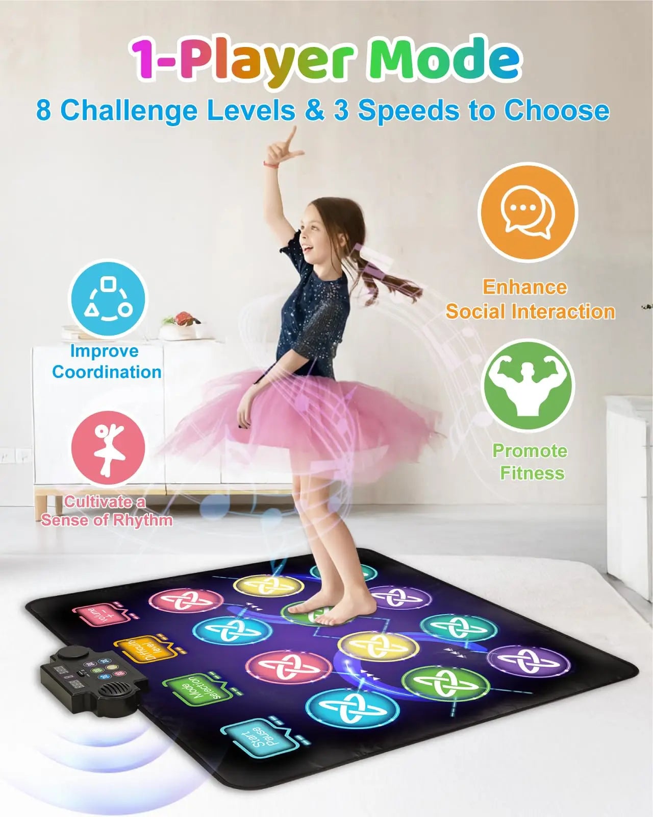 A girl in 1-player mode on the kids dance mat, which helps improve coordination and promote fitness.
