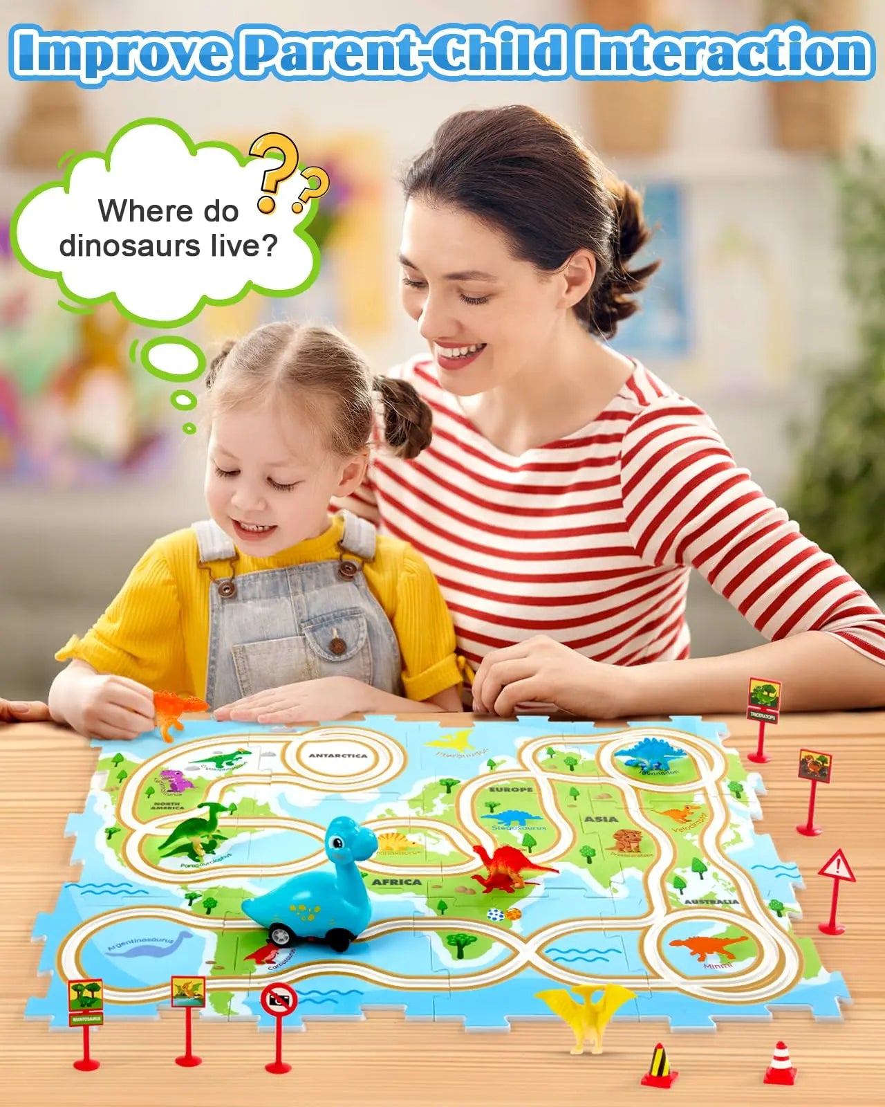 A mother and daughter improving interaction by playing with an educational dinosaur railcar puzzle playset together.