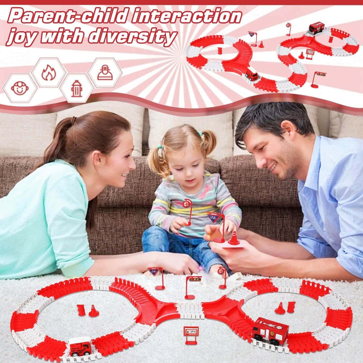 Parent-child interaction with the fire rescue race car track set