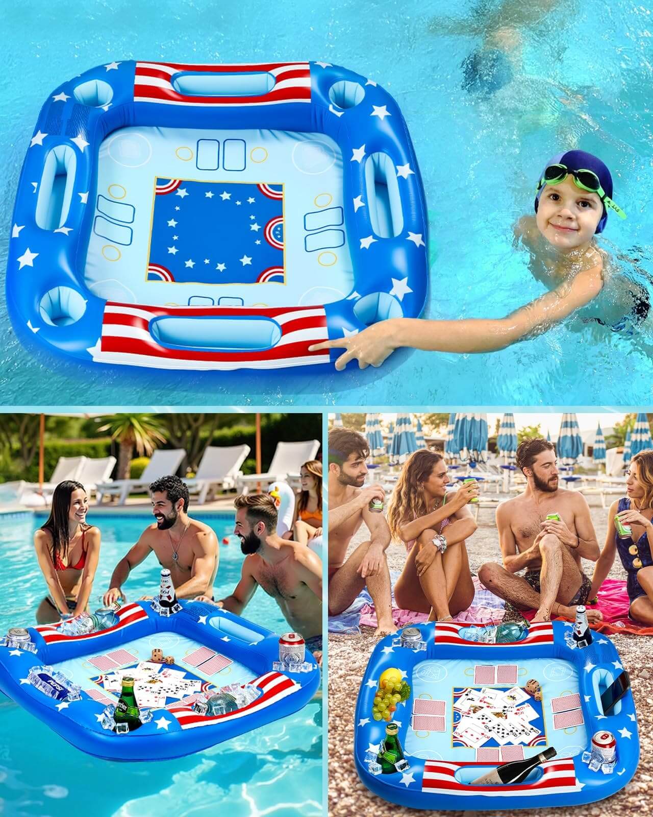 People enjoying a pool gathering with a floating pool games table