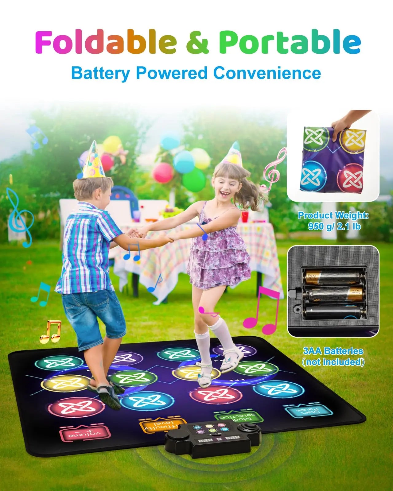 Children playing on a foldable and portable dance mat with battery pack and batteries in the background.