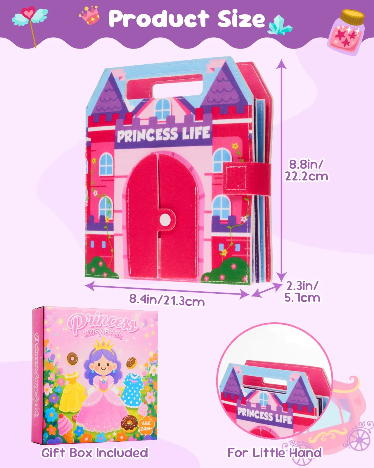 Size details of the princess toddler busy book, with a gift box and handle for little hands.
