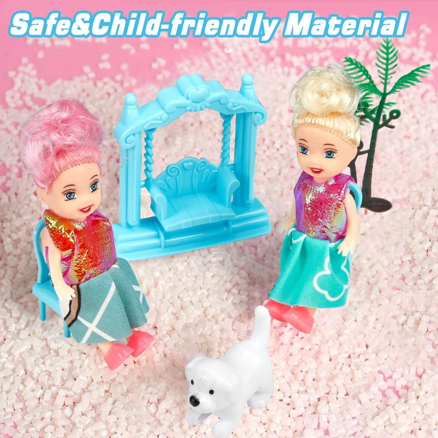 Gleamkid dollhouse with dolls and accessories, highlighting safe & child friendly material.