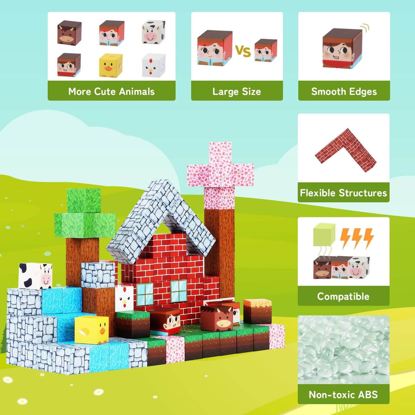 Colorful ranch magnetic building blocks set shows features like cute animal blocks, large size, smooth edges, flexible structures, and non-toxic ABS material. Ideal for kids’ creative play and STEM learning.