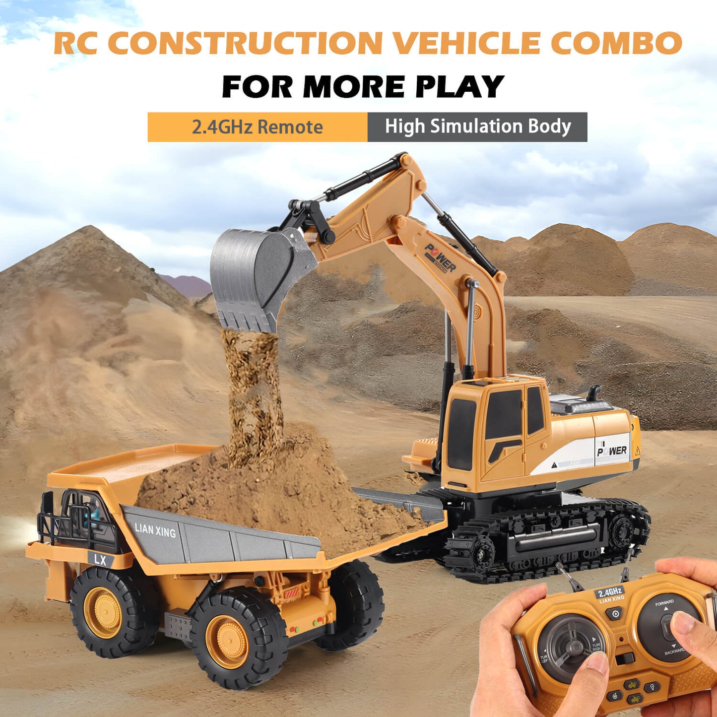 Gleamkid RC construction vehicle combo with dump truck and excavator.