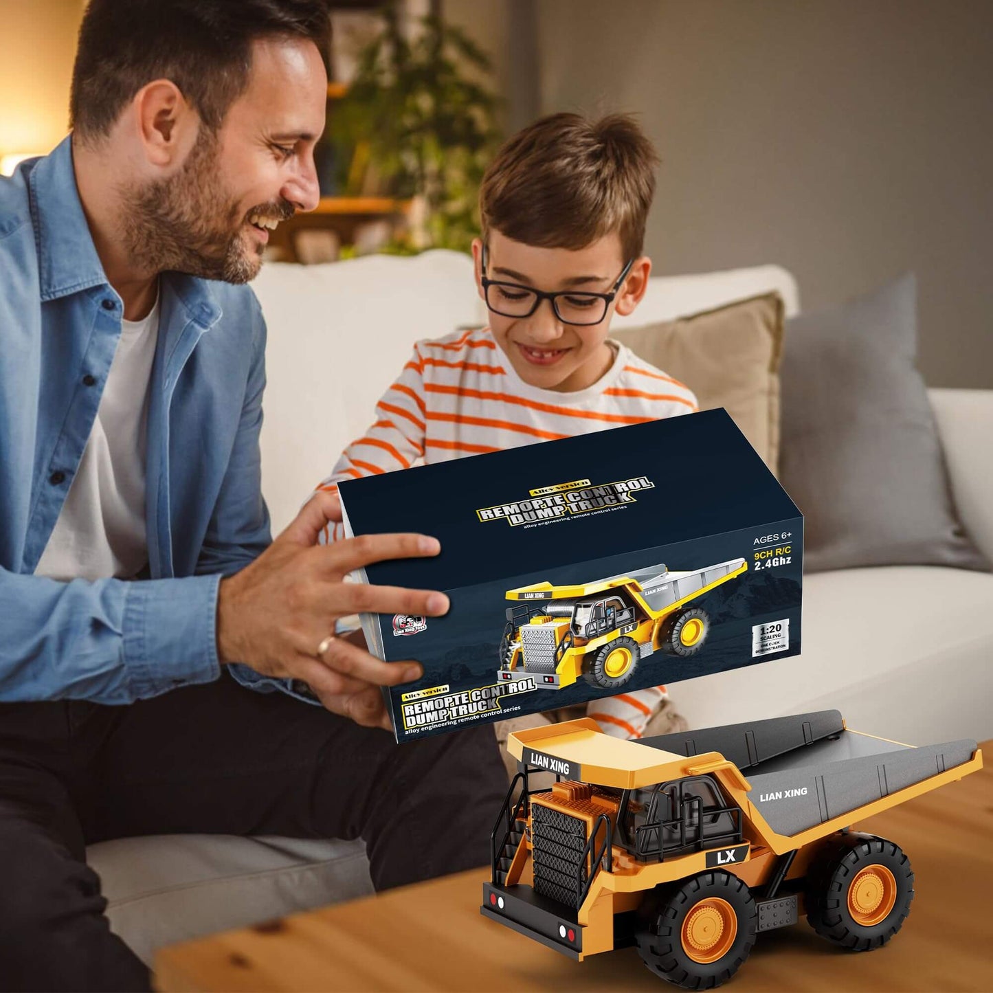 Gleamkid remote control dump truck as a gift. Ideal for kids, shown in a gifting scene with a child and an adult.