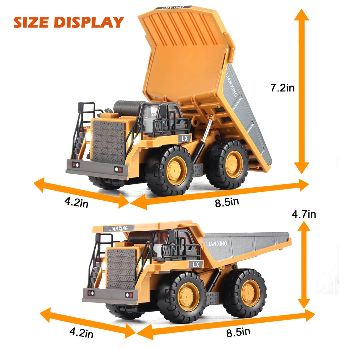 Gleamkid remote control dump truck size display. Dimensions shown for folded and unfolded states.