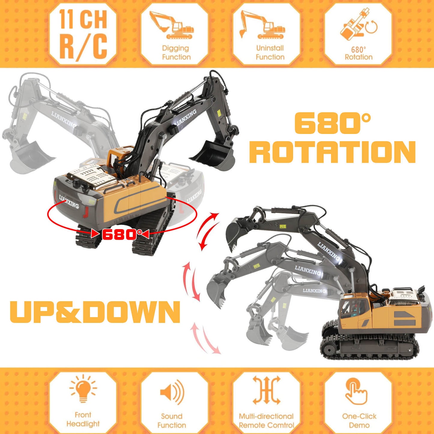 gleamkid 11 channel remote control excavator with 680° rotation feature.
