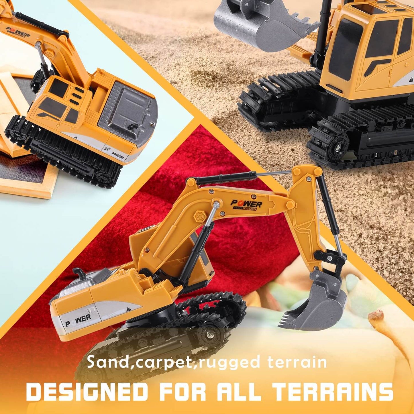 Gleamkid 6 channel remote control excavator designed for all terrains, including sand, carpet, and rugged surfaces.