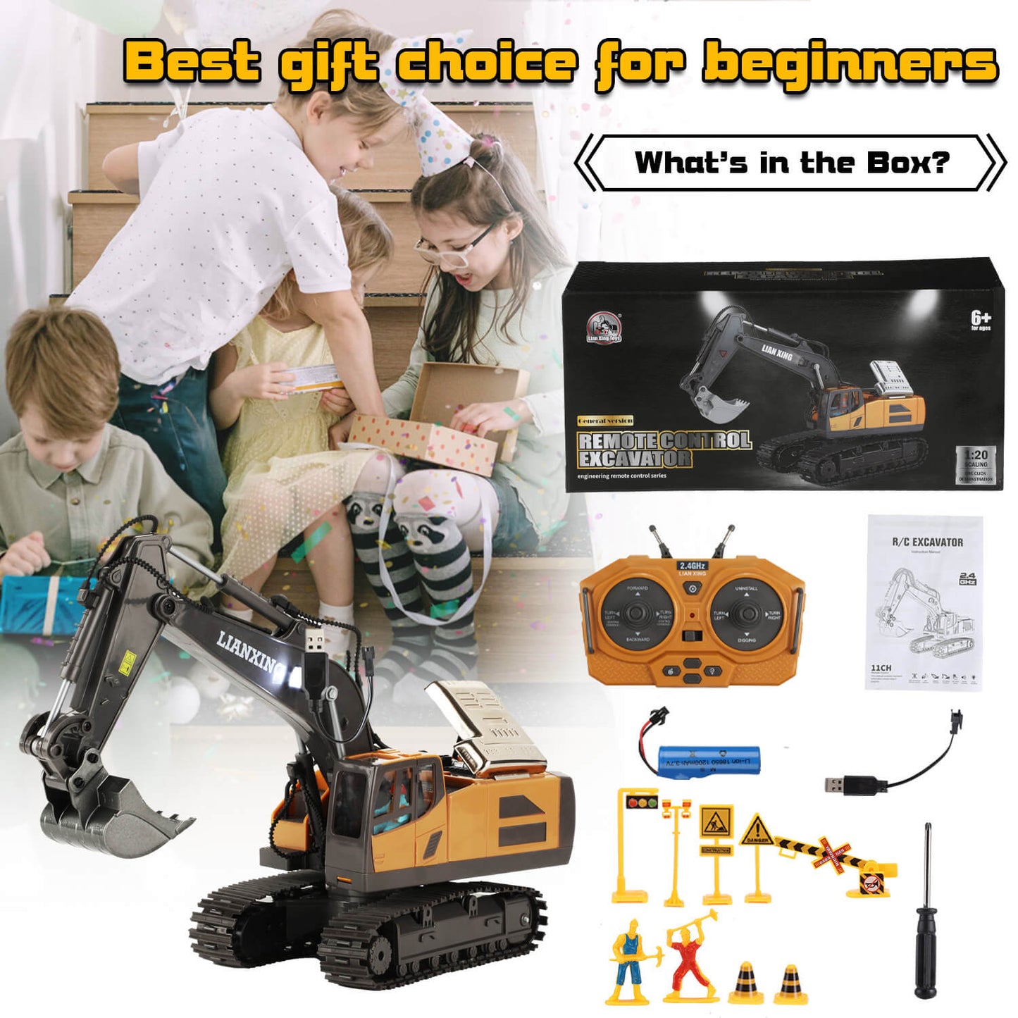 gleamkid remote control excavator is a best gift choice for beginners. Box content includes excavator, remote, battery, and accessories.