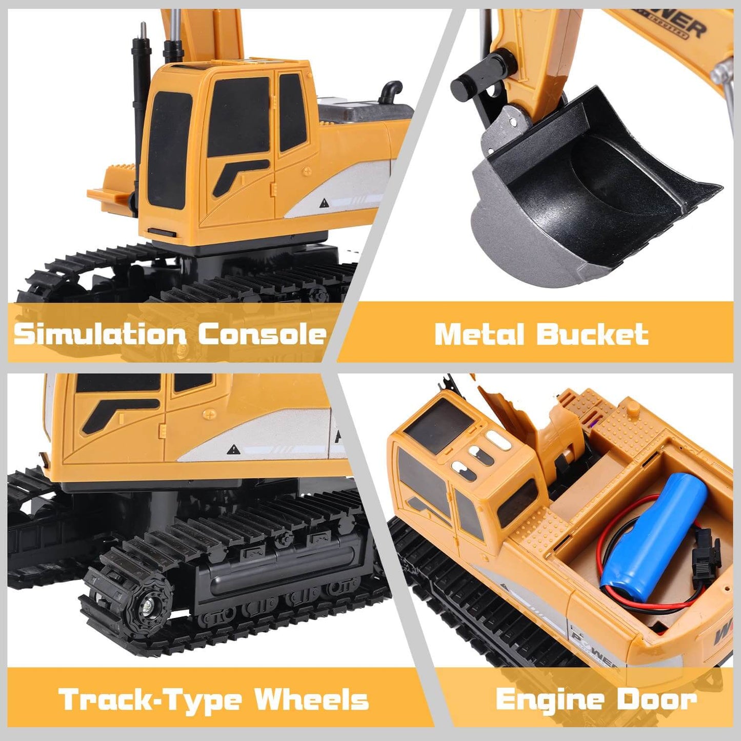 Gleamkid remote control excavator toy showcasing simulation console, metal bucket, track-type wheels, and engine door.