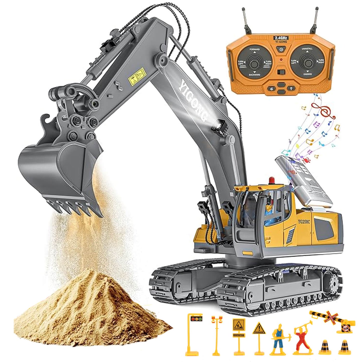 gleamkid remote control excavator in action, showing digging function with sound effects.