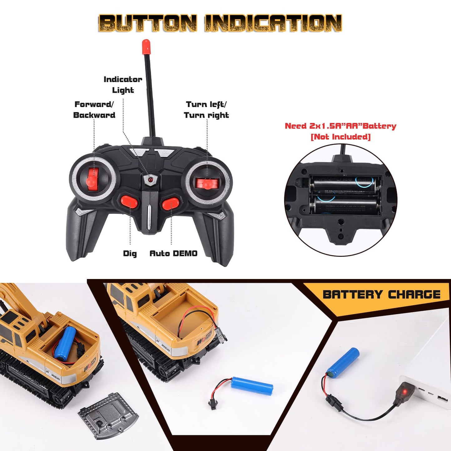 Gleamkid 6 channel remote control excavator's remote control with button indication and battery charge details.