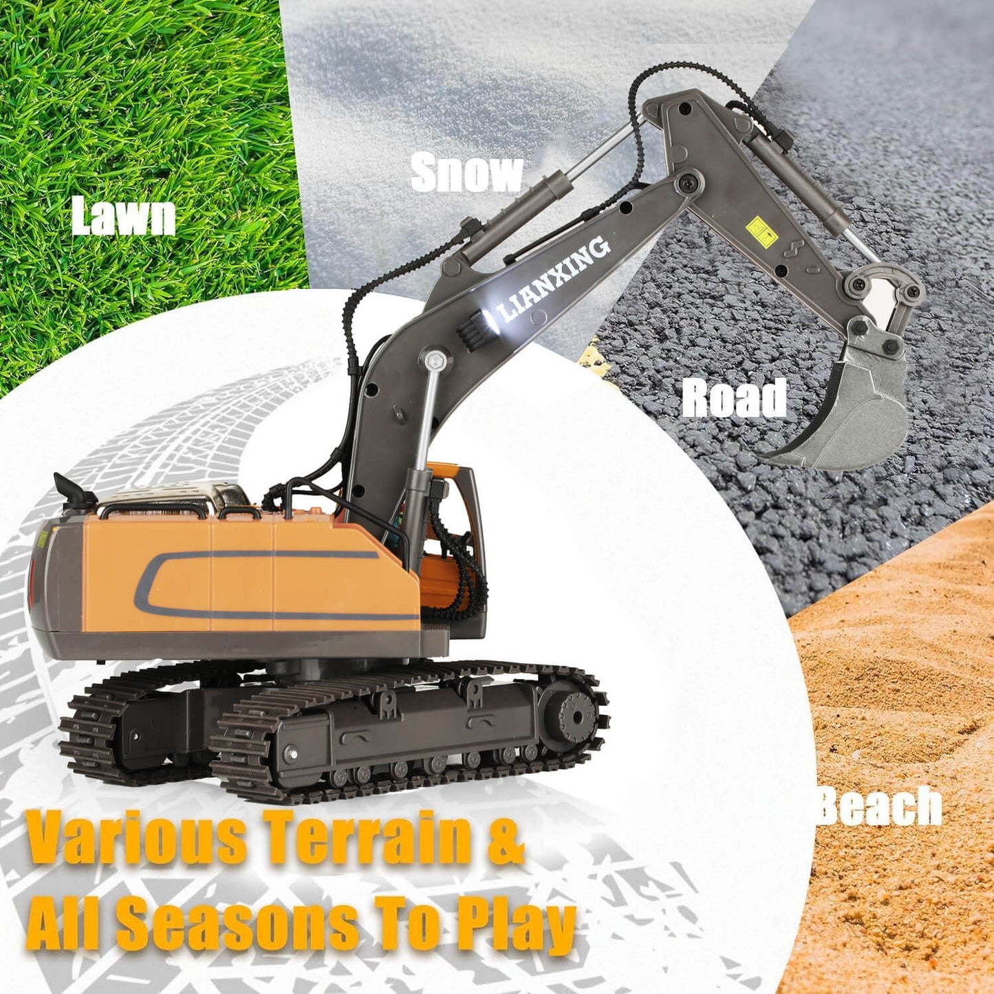 gleamkid remote control excavator for kids, suitable for various terrains like lawn, snow, road, and beach. Ideal for all seasons play.