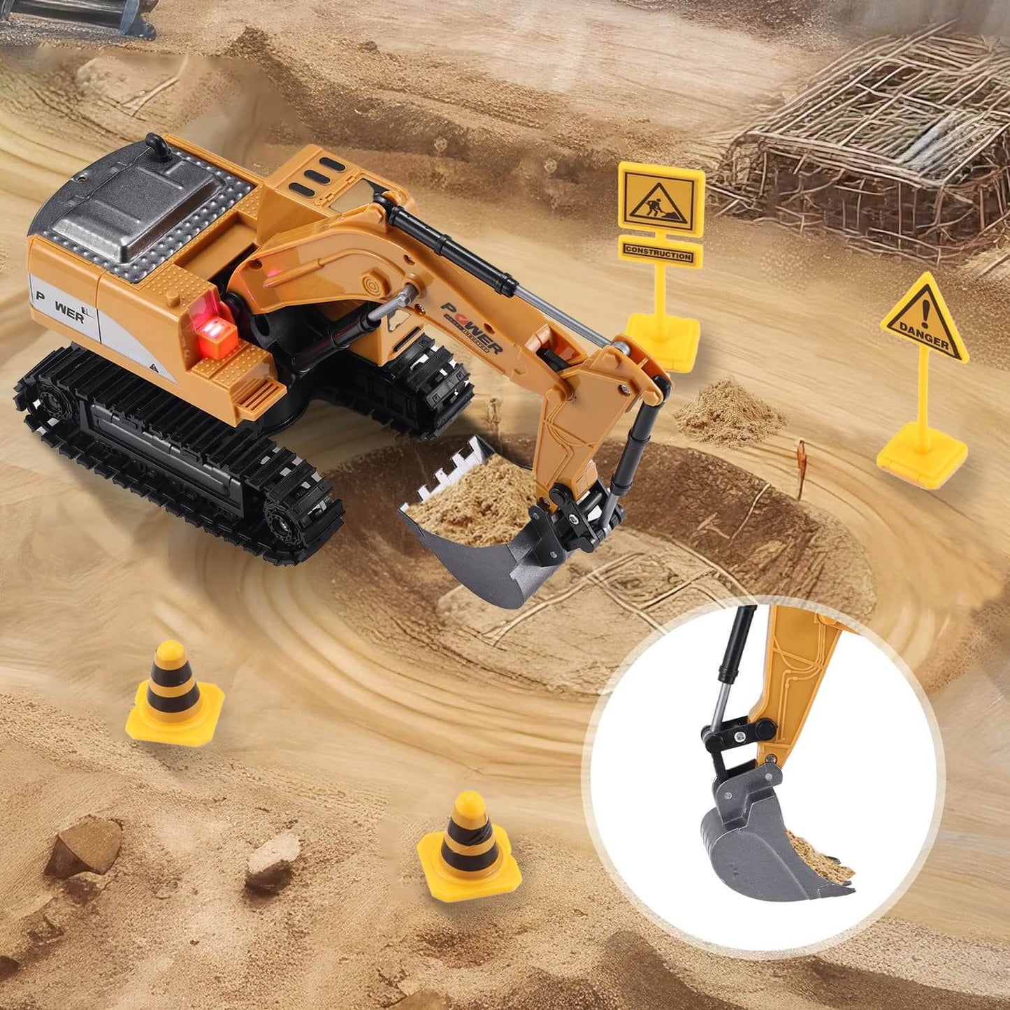 Gleamkid 6 channel remote control excavator with 360° rotation, demonstrating digging in a construction themed setting.