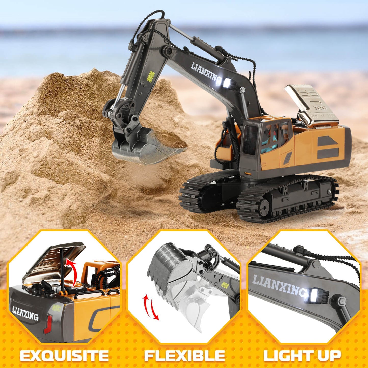 gleamkid 11 channel remote control excavator toy. Showcases exquisite design, flexible operation, and light up feature for kids' play.