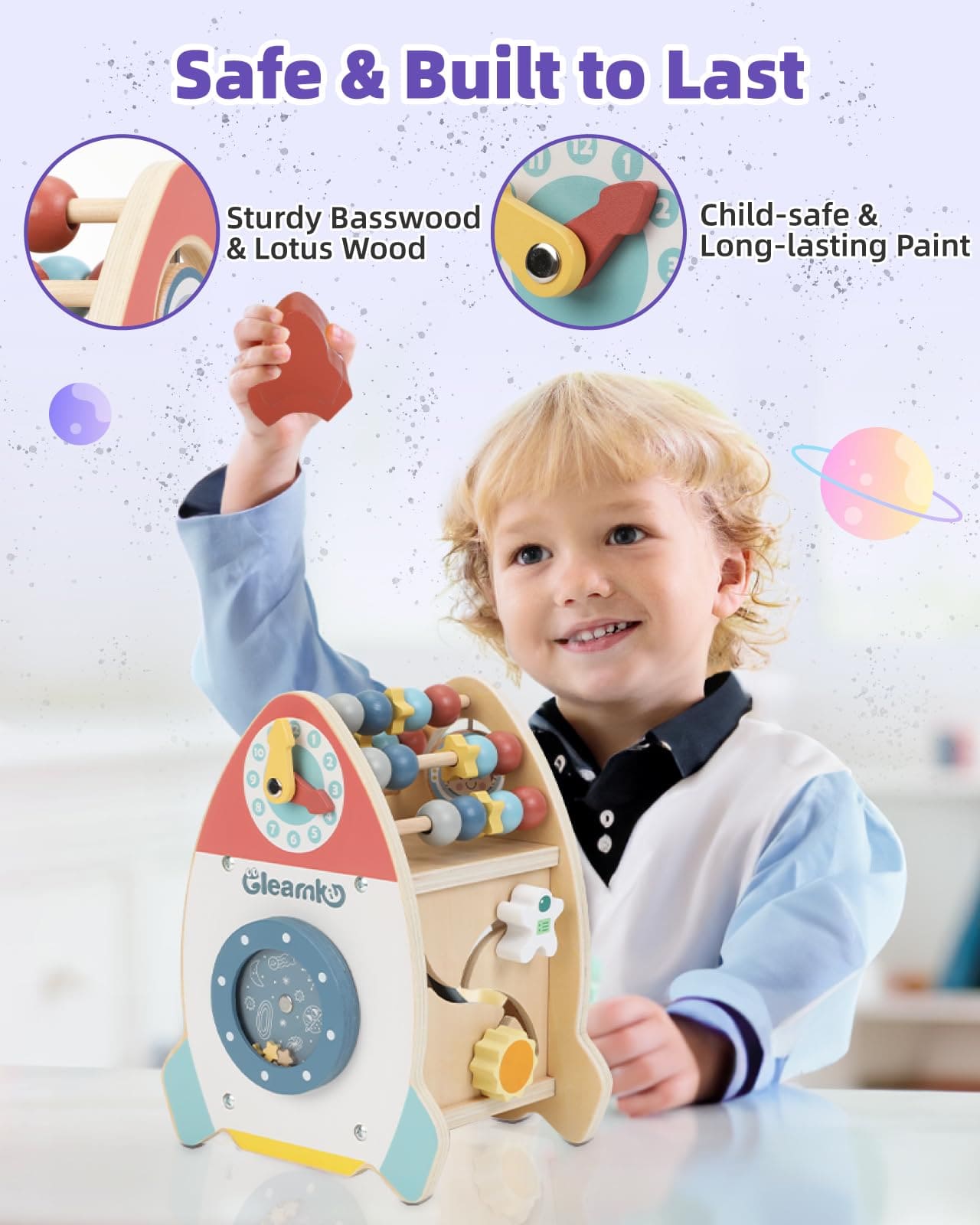 Wooden Rocket Montessori Toys made with sturdy basswood, lotus wood, and child safe paint for toddler safety.