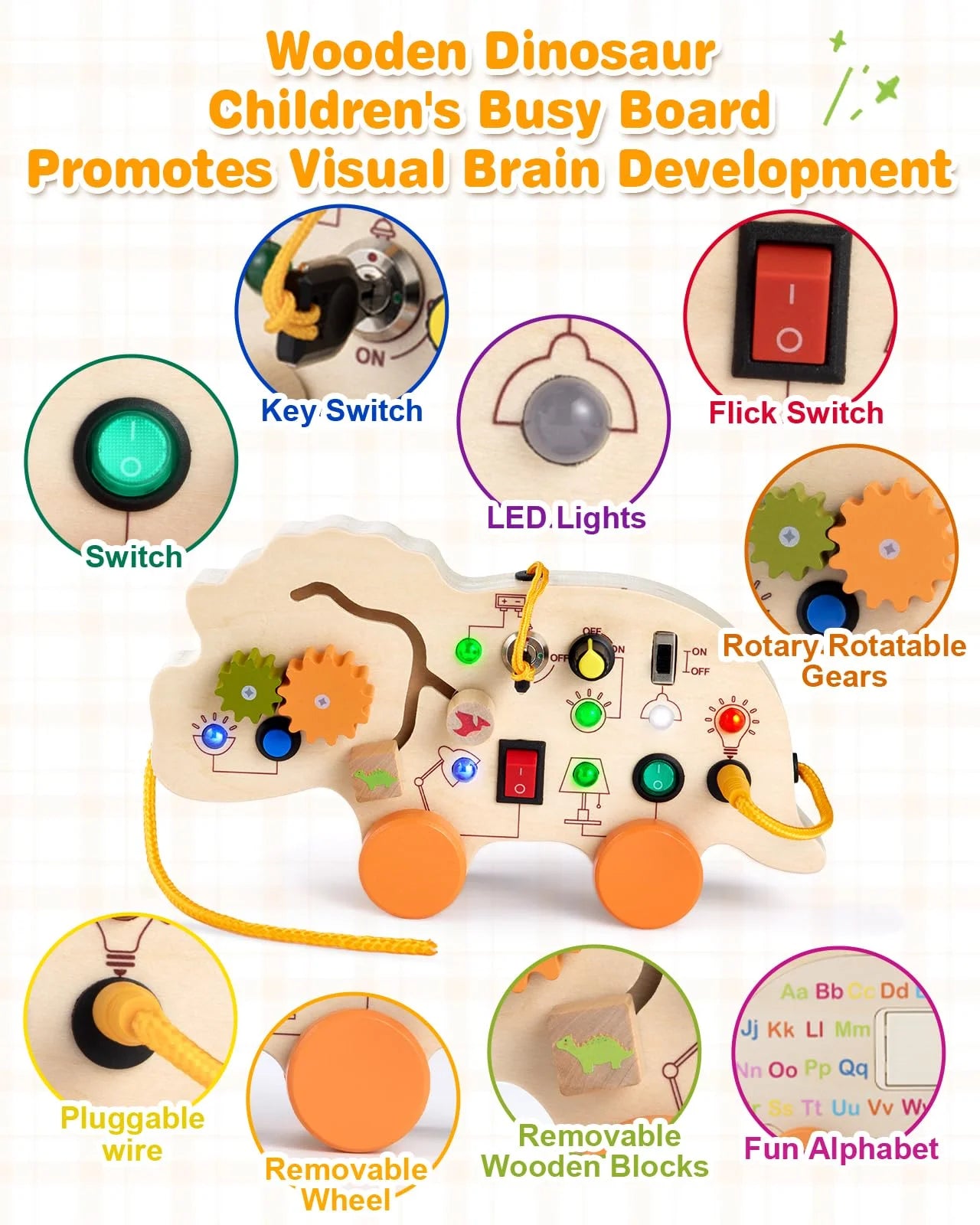 Detailed sensory features of the wooden dinosaur busy board, including various switches, LED lights, and rotatable gears.