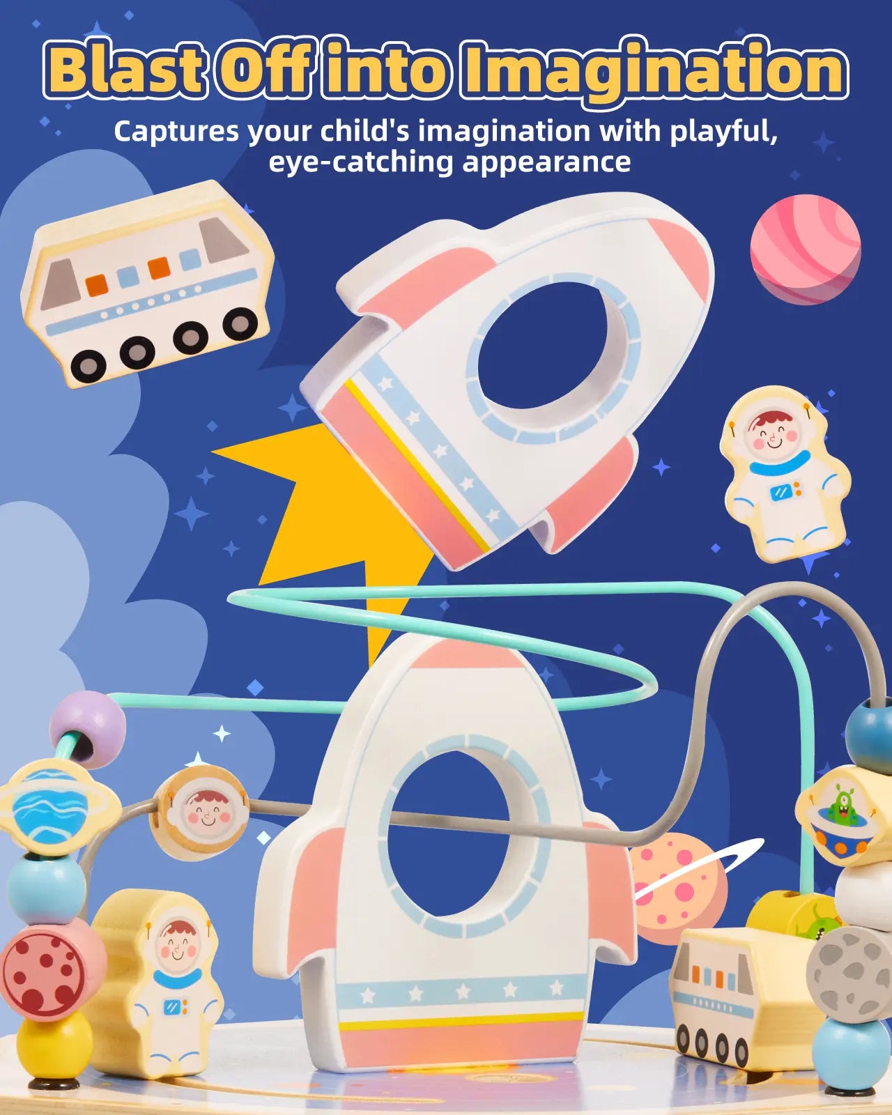 Wooden space activity cube with rocket, astronaut, space car—ignites toddler imagination, ideal montessori learning toy.
