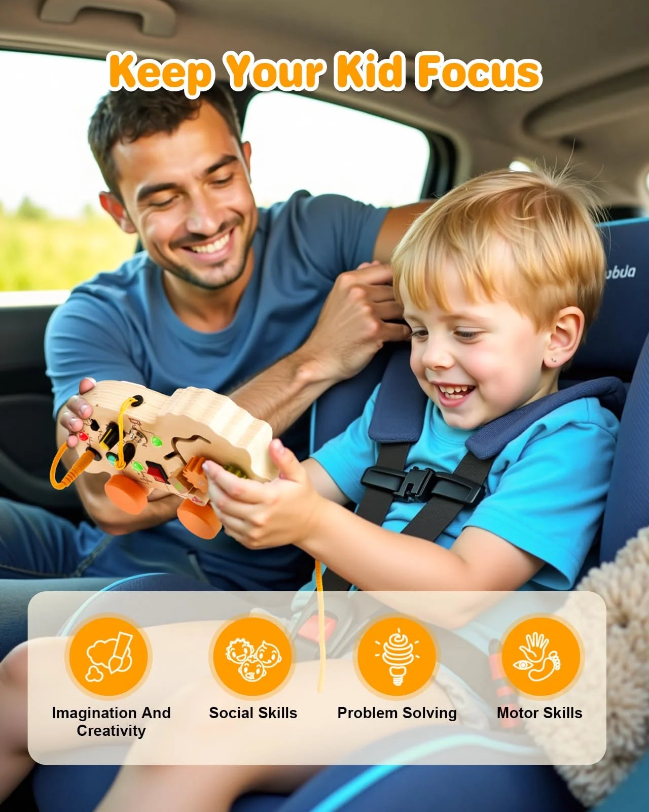 A father and son playing with a toddler travel toy busy board in a car, promoting focus and developing motor skills.