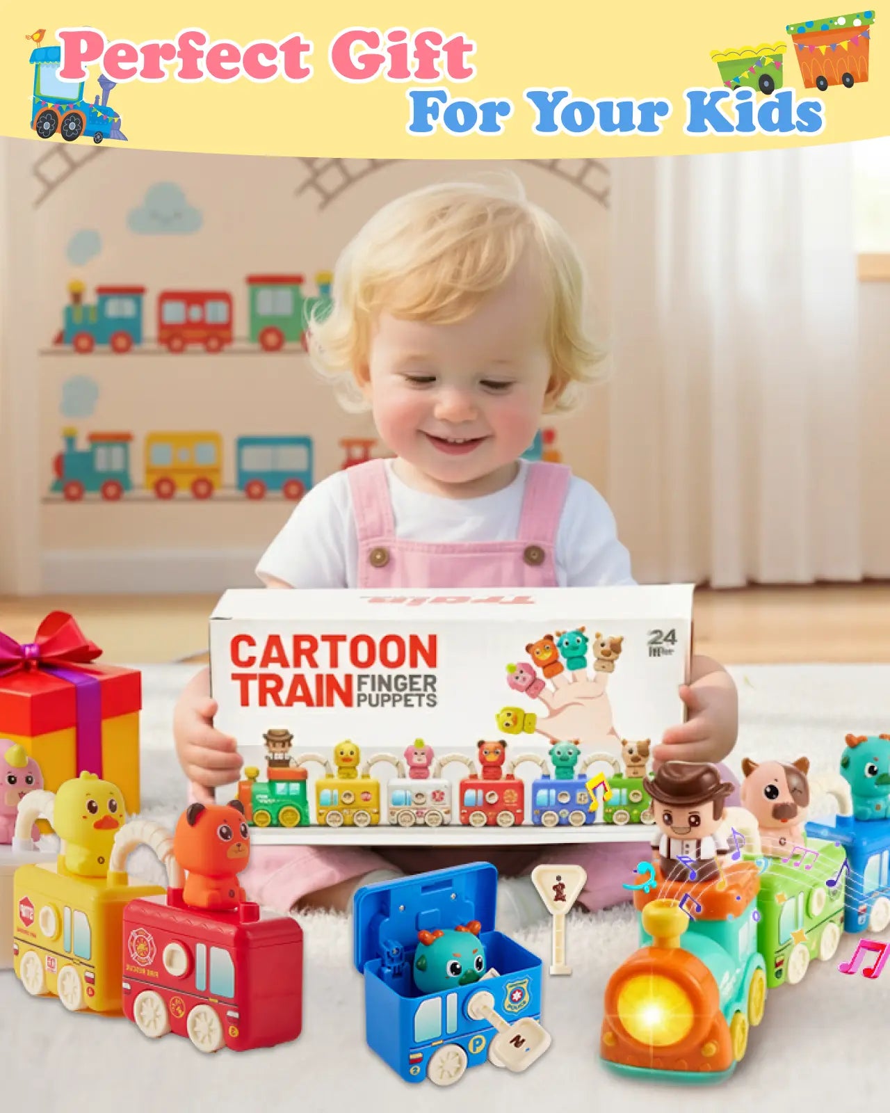 Toddler with Montessori train set gift box—perfect for birthdays/holidays.