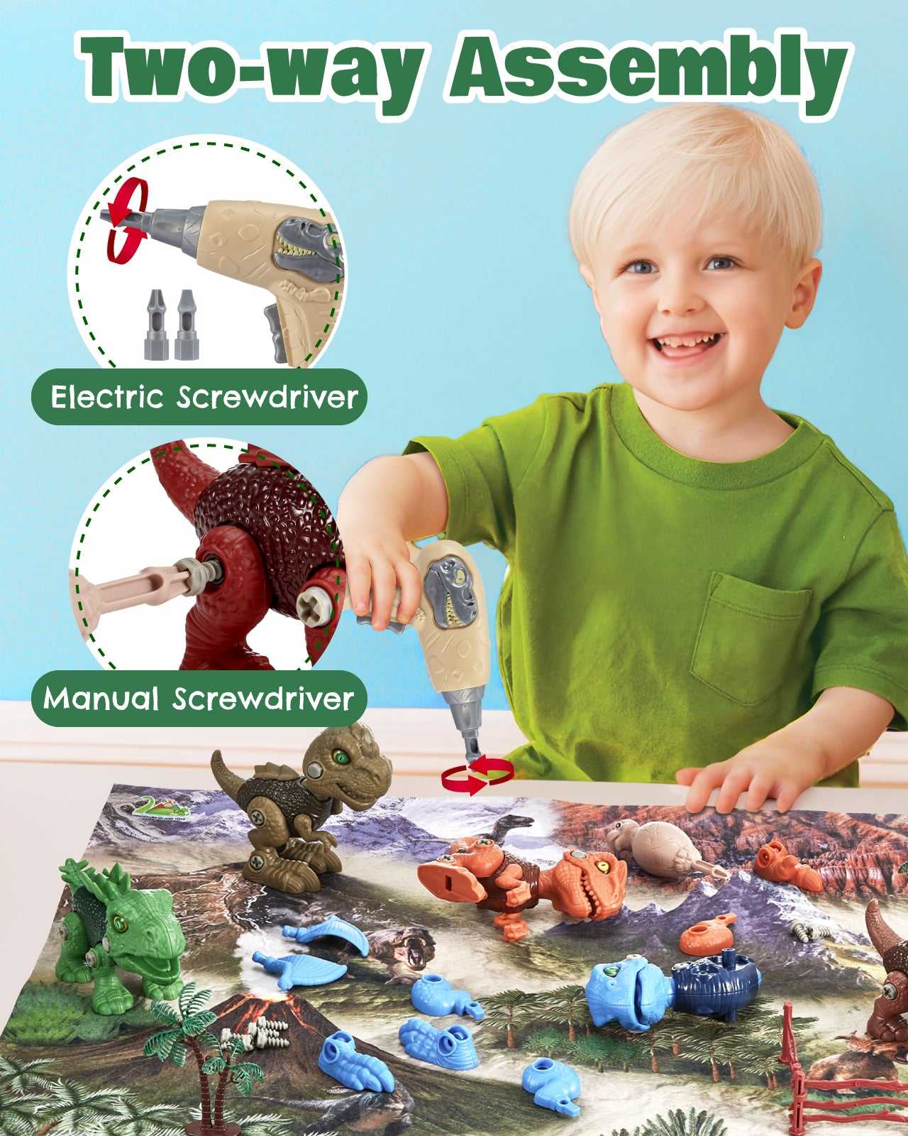 Two way assembly of take apart dinosaur toys using electric and manual screwdriver