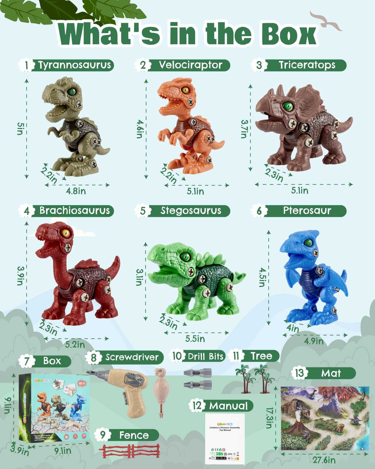 Tyrannosaurus, Velociraptor, Triceratops and other accessories, detailed sizes shown.