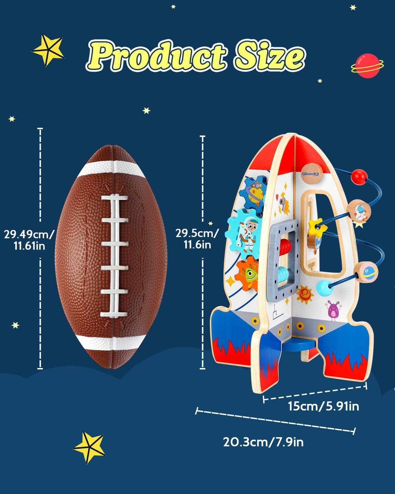 Product size comparison of wooden Montessori activity rocket toys, ideal as montessori toys for 1 year old and educational toys for 3 year olds. Dimensions shown alongside a football for clear reference.