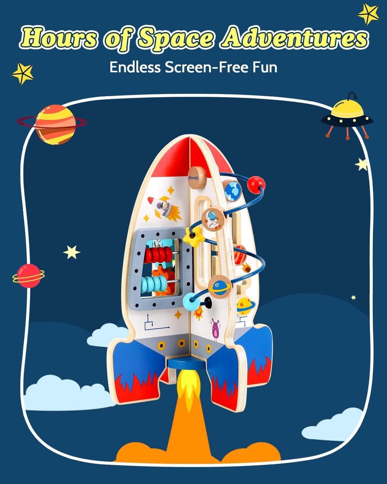 Wooden Montessori activity rocket offering hours of space adventures and endless screen free fun. Designed as montessori toys for 1 year old and educational toys for 3 year olds, encouraging imaginative play.