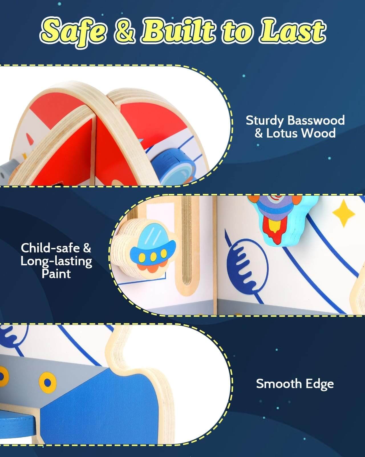 Wooden toys made with sturdy basswood, lotus wood, child safe paint, and smooth edges. Built to last