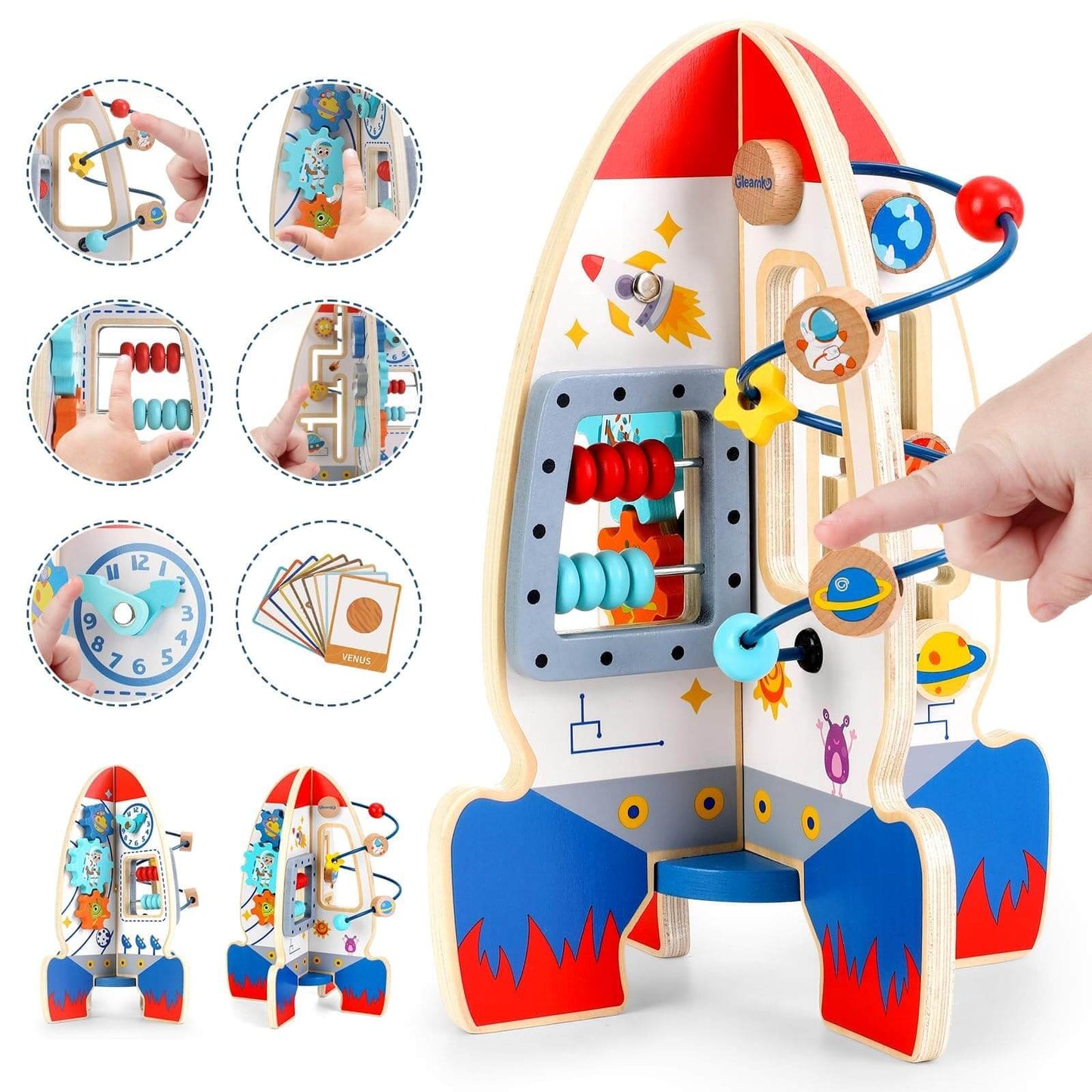Wooden rocket-shaped Montessori activity toys featuring bead maze, abacus, learning clock, and slider maze functions. Ideal for early childhood development as montessori toys for 1 year old and educational toys for 3 year olds.