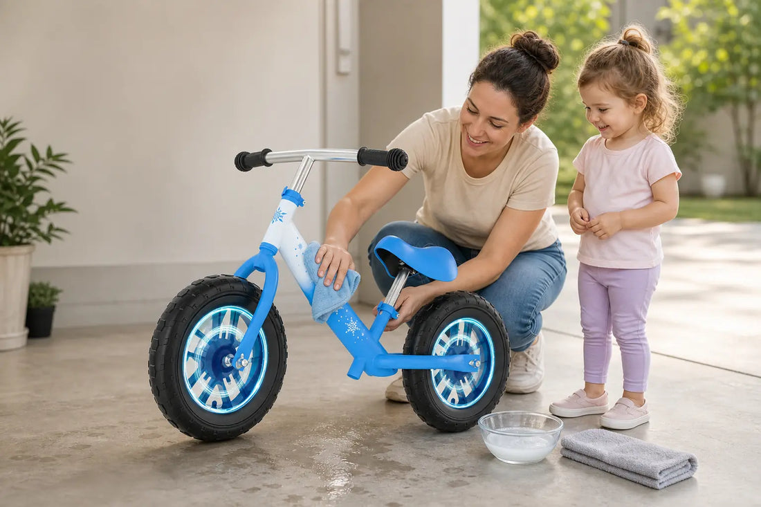 Parent cleaning a blue Frozen balance bike while a toddler girl watches